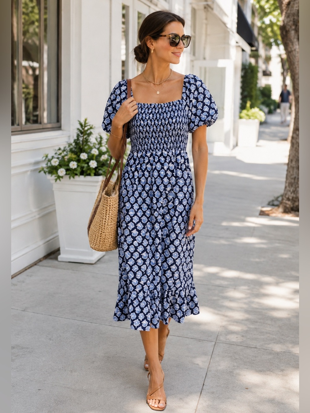 J. Crew Women's Navy Floral Puff-Sleeve Smocked Midi Dress L